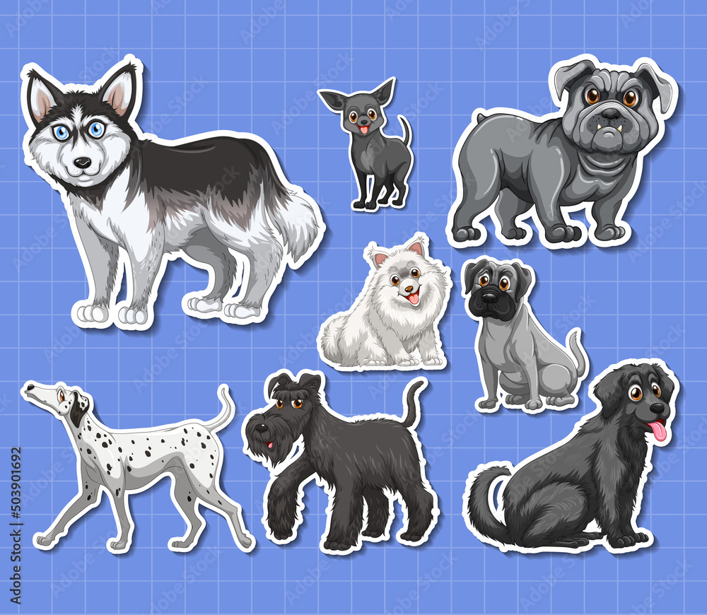 Sticker set of different dogs cartoon Sticker set of different dogs cartoon