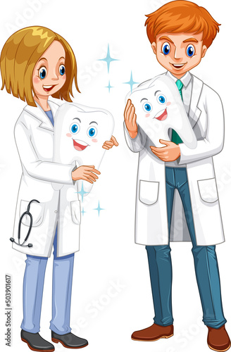 Dentist holding big teeth on white background