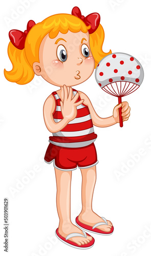 Cute girl in red outfit holding hand fan