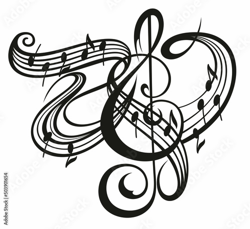 Music notes in swirl, musical design element, vector illustration.