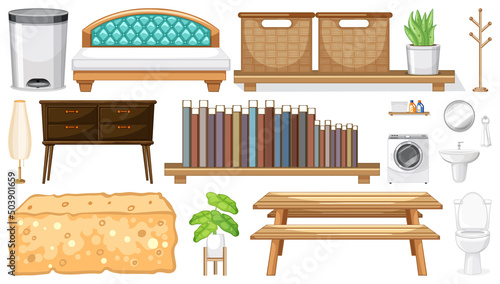 Furniture and household appliances on white background