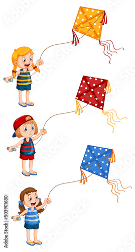 Set of different kids playing kites