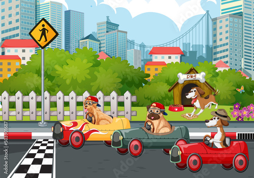 A group of different pet driving car on park street