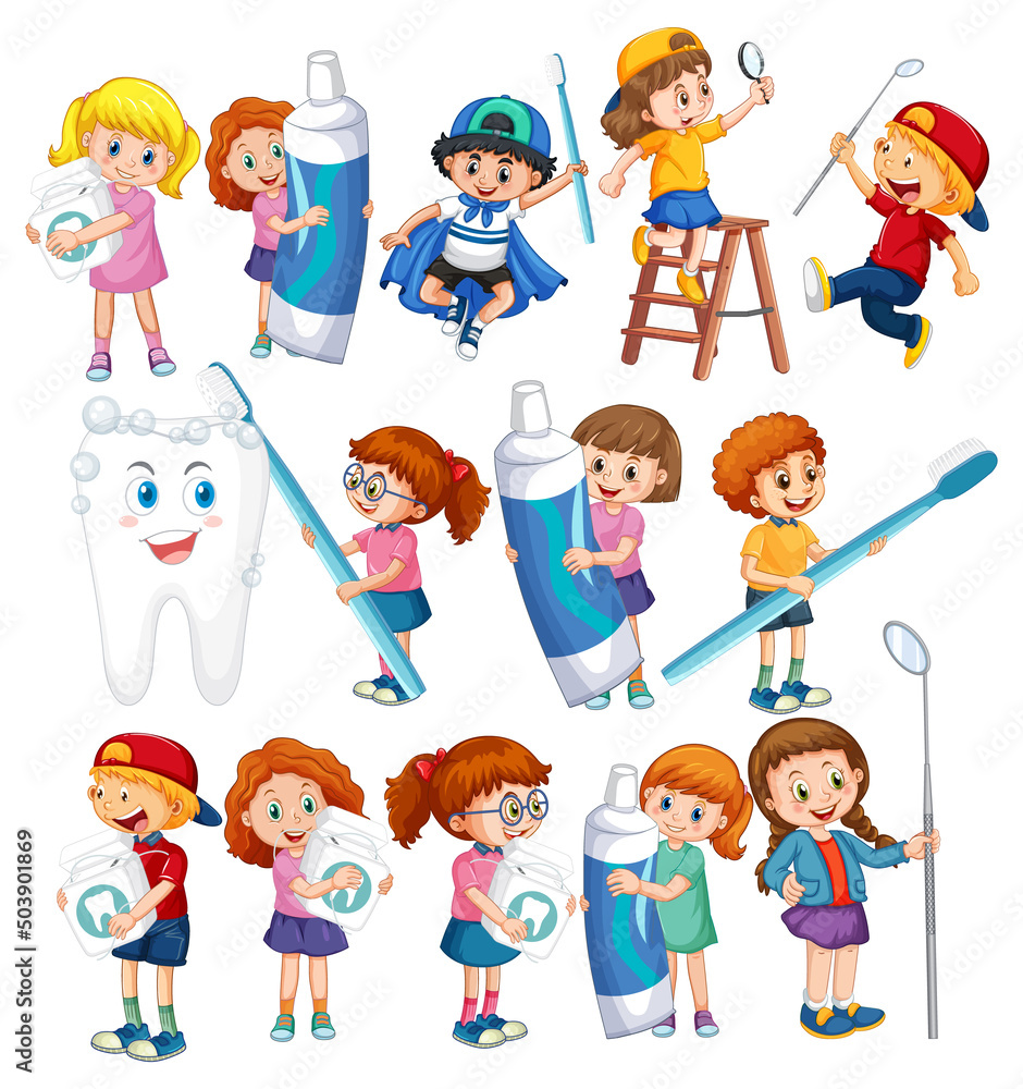Set of happy kids holding dental cleaning equipment on white background Set of happy kids holding dental cleaning equipment on white background
