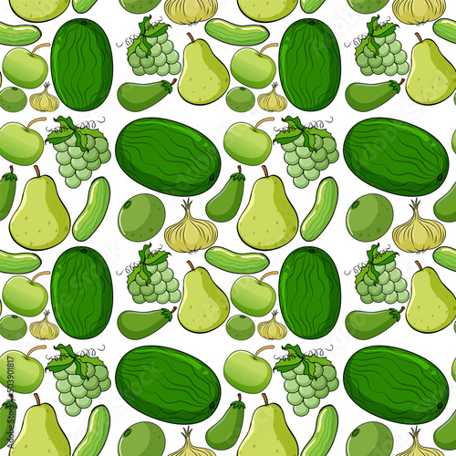 Seamless background design with green fruits and vegetables