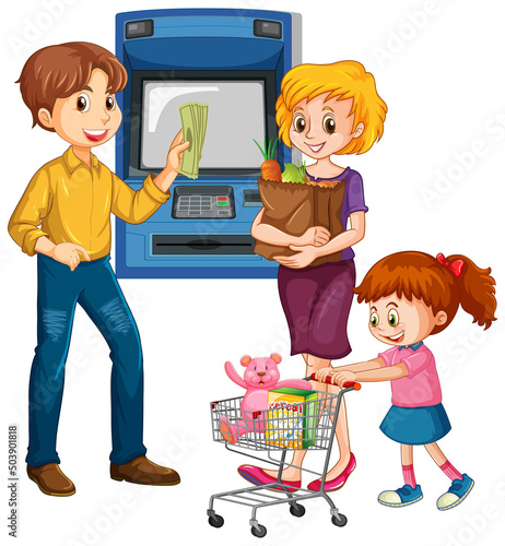 A man withdraw money from atm machine and his family