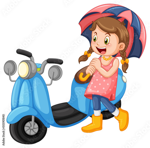 A girl holding umbrella standing beside motorcycle