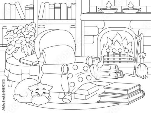 Home library interior with fireplace and cat. Cozy room. Vector, page for printable children coloring book.