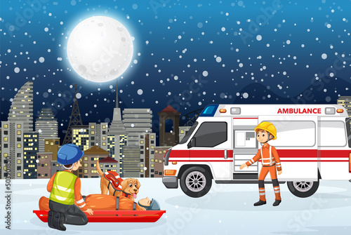 Snow scene with firerman rescue in cartoon style