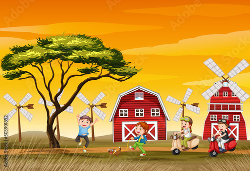 Happy kids in farm landscape