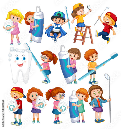 Set of happy kids holding dental cleaning equipment on white background