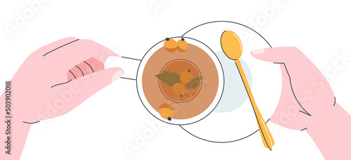 White ceramic cup with herbal tea. Top view of sea buckthorn and mint in water. Hands holding a cup of tea. Flat vector illustration. Eps10