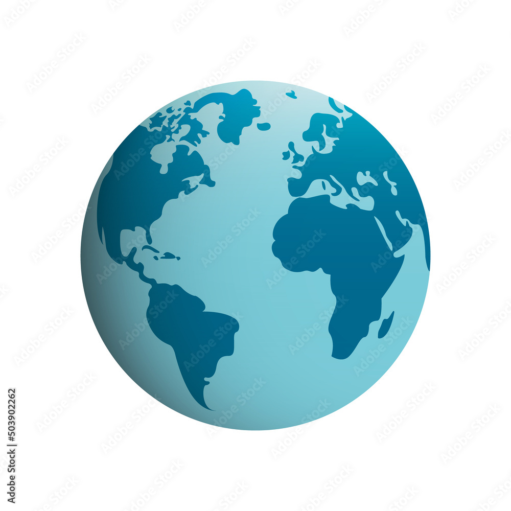 Circle Globe World Blue Cartoon Icon. Global Map with Europe, America, Africa, Asia Continent. 3D Earth Sphere Symbol. Planet Space for International Communication. Isolated Vector Illustration