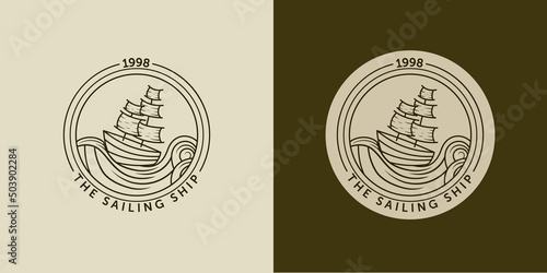 Sailing ship logo vector illustration. Ship or Boat modern line art logo design. Sailing ship, sailing boat logo badge design