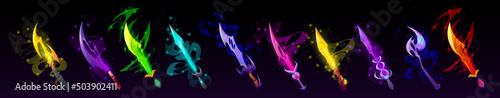 Magic swords, cartoon magical steel daggers, sabers with colorful blades and haze. Isolated wizard or elvish armor, knight warrior weapon, Ui design elements for computer game Vector illustration, set
