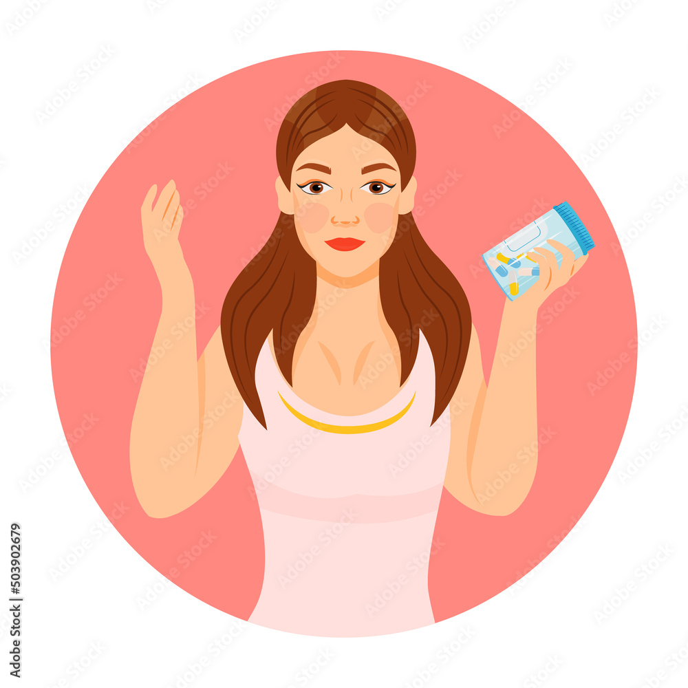 Girl with skin and hair supplements semi flat color vector character icon. Posing figure. Half body person on white. Simple cartoon style illustration for web graphic design and animation Girl with skin and hair supplements semi flat color vector character icon. Posing figure. Half body person on white. Simple cartoon style illustration for web graphic design and animation