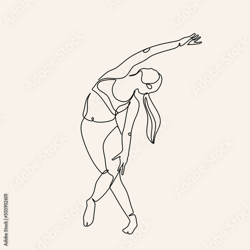 Continuous drawing in one line. Happy woman stretching. Vector illustration. Dancer dancing contemporary dance. Minimalist Wellness Feminine Illustration Elegant Logo