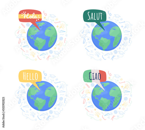 Language communities 2D vector isolated illustration set. Flat objects on cartoon background. Colourful scene collection for mobile, website, presentation. Amatic SC, Pacifico Regular fonts used