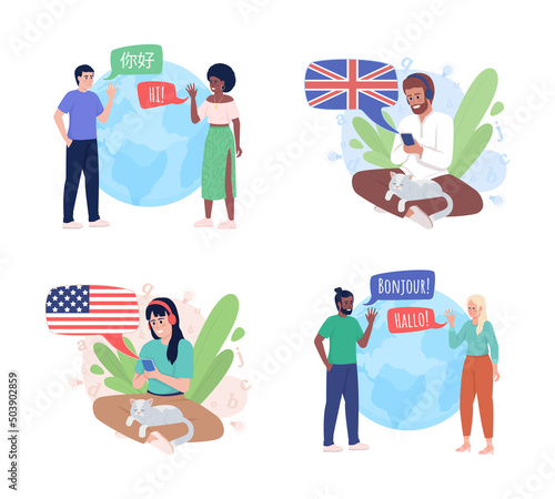 Tandem language learning 2D vector isolated illustration set. Flat characters on cartoon background. Colourful scene collection for website, presentation. Lora, Amatic SC, KozGoPr6N fonts used