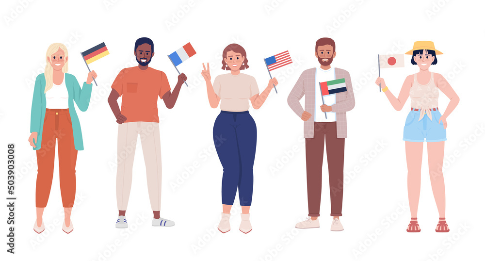 Obraz premium People with country flags semi flat color vector characters. Standing figures. Full body people on white. Community simple cartoon style illustration for web graphic design and animation