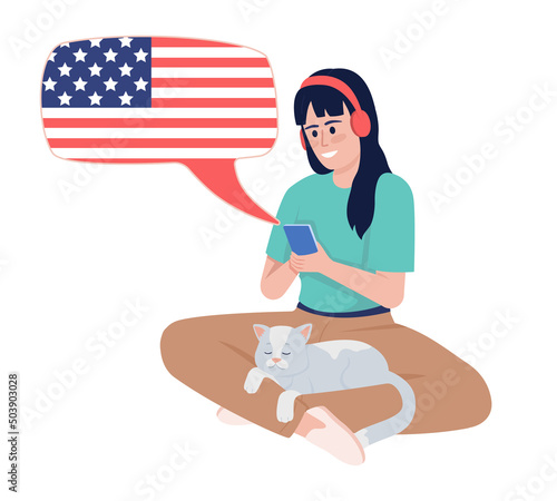 Young woman listening to american english course semi flat color vector character. Sitting figure. Full body person on white. Simple cartoon style illustration for web graphic design and animation