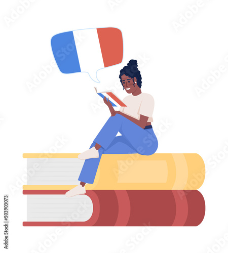 Girl reading french novel semi flat color vector character. Sitting figure. Full body person on white. Learning new language simple cartoon style illustration for web graphic design and animation