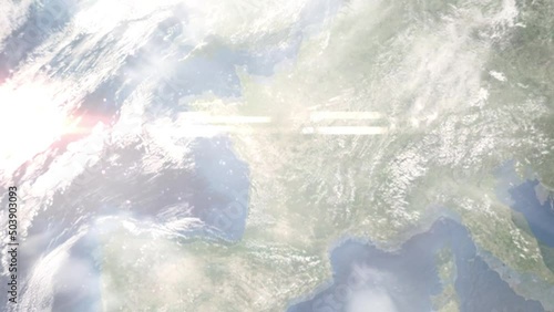 Earth zoom in from outer space to city. Zooming on Poitiers, France. The animation continues by zoom out through clouds and atmosphere into space. Images from NASA photo
