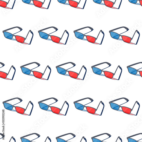 3D realistic eyeglasses with red and blue lenses. Vector isometric illustration for home film movie and cinema background. Seamless pattern