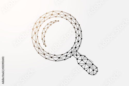 Magnifying glass 3d low poly symbol with connected dots. Analysis, search tool design vector illustration. Loupe polygonal wireframe