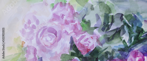 Romantic roses panorama background. Summer beautiful flowers. Watercolor brush strokes texture with smudges color of season 2022.