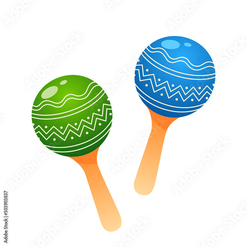 Vector illustration of blue and green maracas in cartoon style, Isolated on a white background.