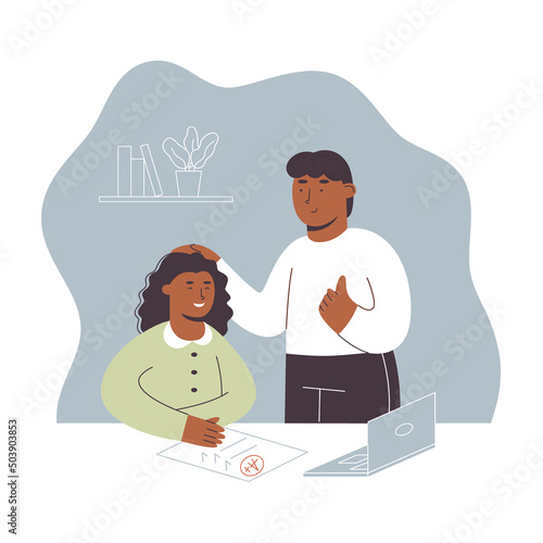 Happy father showing thumb up hand to praise smiling daughter. . Father helps little schoolgirl daughter with homework, praises, supports