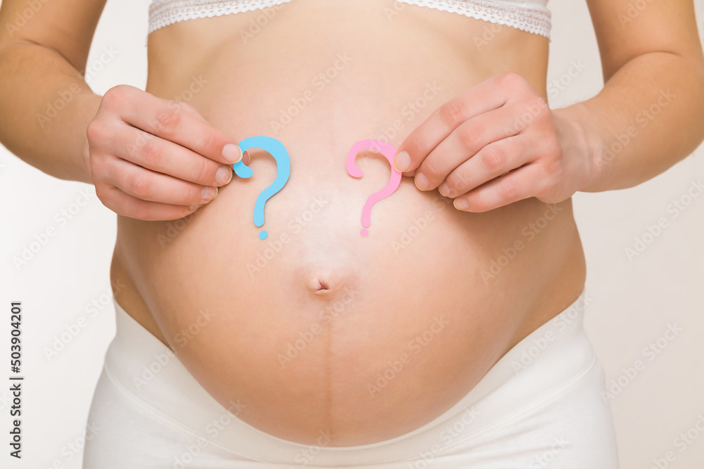 custom made wallpaper toronto digitalYoung adult pregnant woman with big naked belly. Hands holding pink and blue question marks. Guessing future baby gender. Baby expectation. Closeup. Isolated on light gray background. Front view.