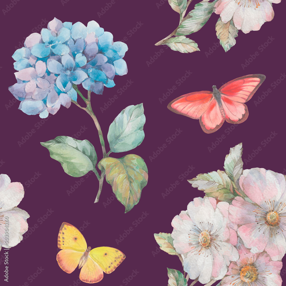 Delicate watercolor flowers collected in a seamless pattern for design. Digitally processed seamless floral pattern.