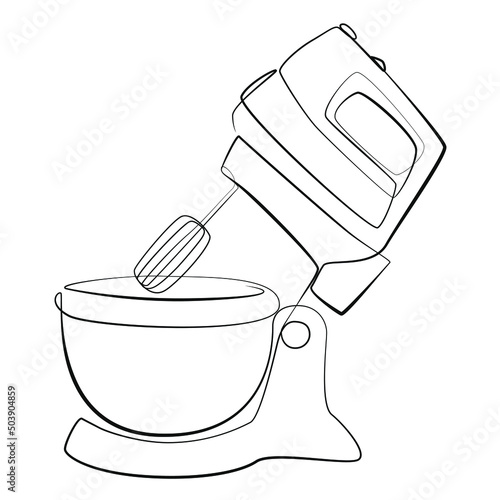 Kitchen food mixer one line drawing on white isolated background