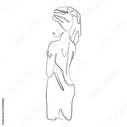 Woman after shower one line drawing on white isolated background