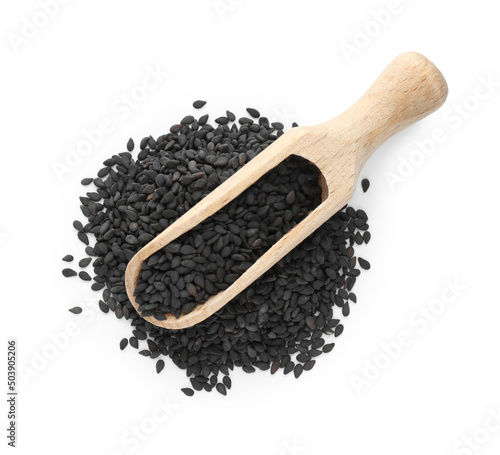 Black sesame seeds with wooden scoop isolated on white, top view