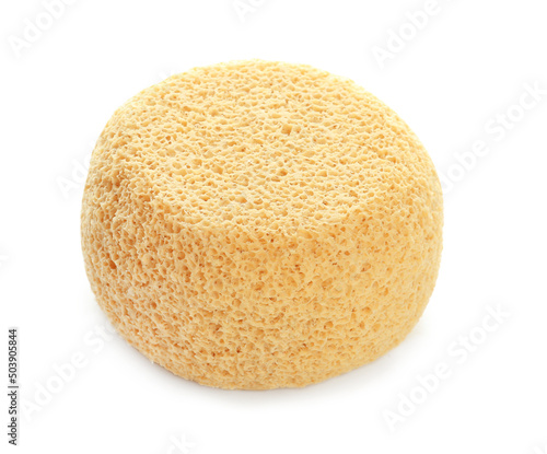 New yellow bath sponge on white background