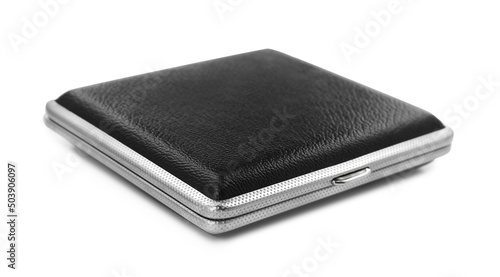 Stylish leather cigarette case isolated on white photo