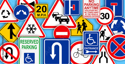 Collection of different traffic signs on turquoise background. Banner design