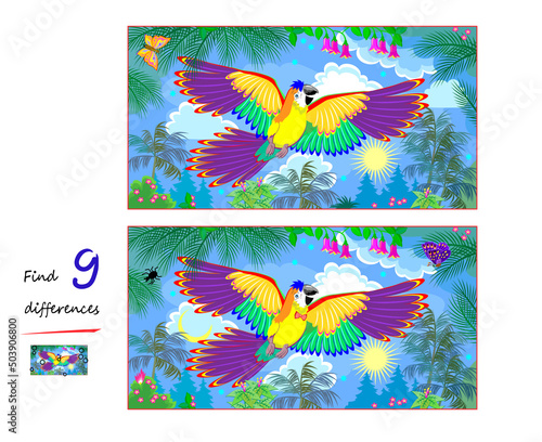 Find 9 differences. Illustration of flying parrot in jungle. Logic puzzle game for children and adults. Page for kids brain teaser book. Task for attentiveness. IQ test. Play online. Vector image.