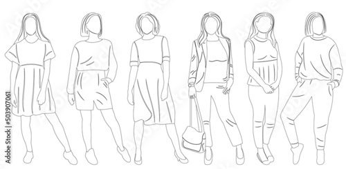girls sketch, outline, isolated, vector
