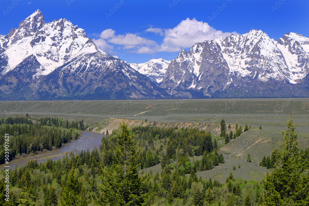Grand Teton National Park from the snake river  , Wyoming , USA