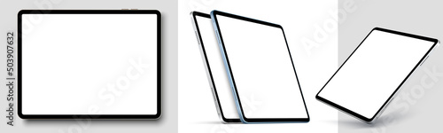 Blank screen realistic tablet frame, rotated position, side view, top view. The tablet is at different angles. Layout of a universal set of devices. UI, UX Template for infographics or presentation.