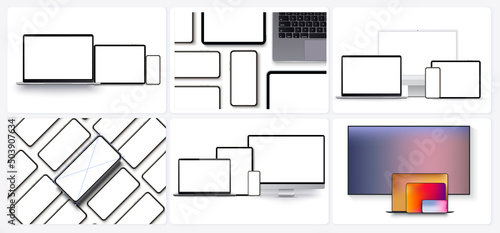 A large set of modern devices from phones, laptops and tablets consisting of different compositions. Isolated realistic gadget layouts. Mock up for display web site or app design. Vector Illustration