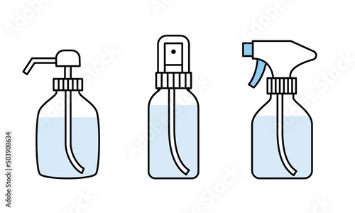いろいろな容器に入った消毒液のイラスト素材。
