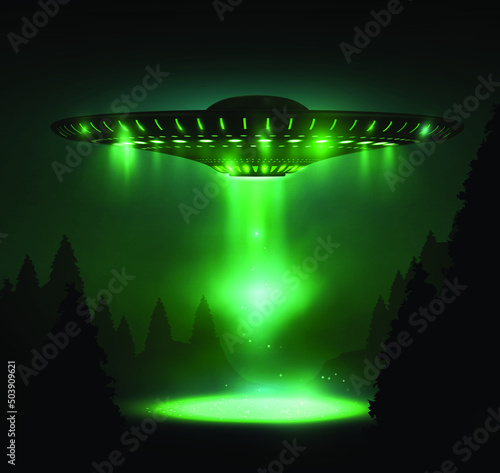 Realistic UFO, Unidentified flying object. Alien space ships with green light beam, smoke and sparkles. Mystical green background