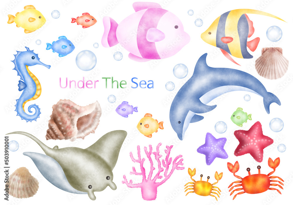 Obraz premium Tropical fish cartoon icon. Hand drawn Isolated cartoon icon aquarium animals. Illustration Marine fish on white background.