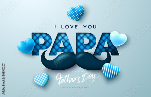 Happy Father's Day Greeting Card Design with Heart and Mustache on Light Background. Vector Celebration Illustration with I Love You Papa Checkered Lettering. Template for Banner, Flyer or Poster.