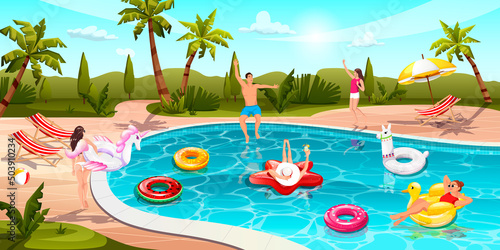 People enjoy swimming pool party. Sun shine, clear blue water. Sun bath, dance, float on inflatable animal toy, Tropical hotel, sunny beach, villa. Young man, women, summer resort, Vector illustration